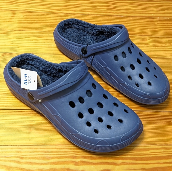 Men's Navy Blue Fur Sherpa Lined Clogs With Back Straps, Size 9-10, New With Tag - Picture 3 of 6